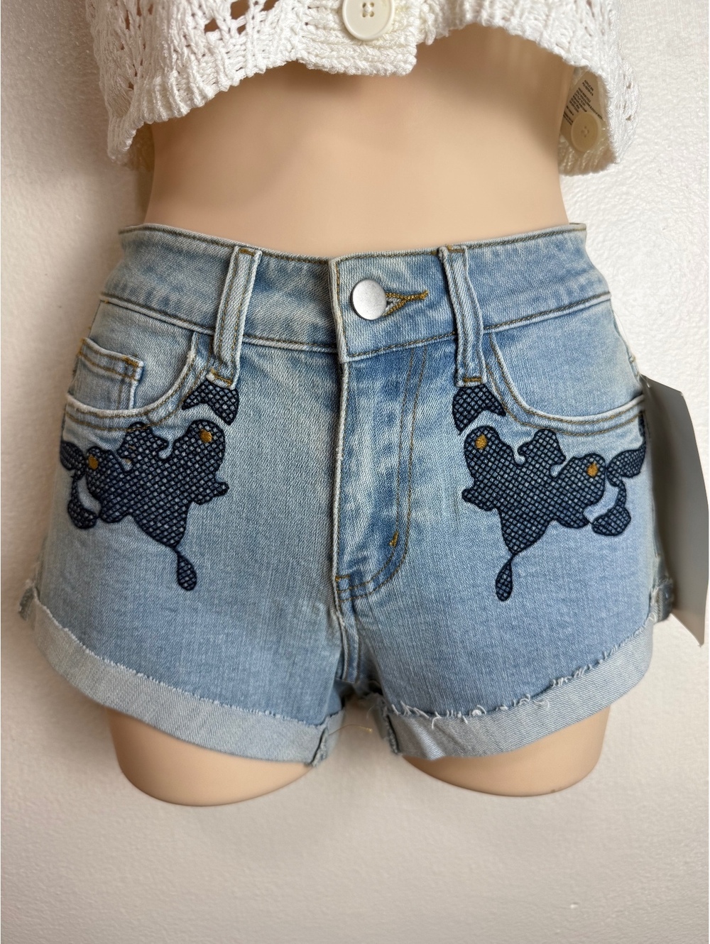 Victor Design Inc. Development Sample Light Blue Embroidered Denim Shorts Size S